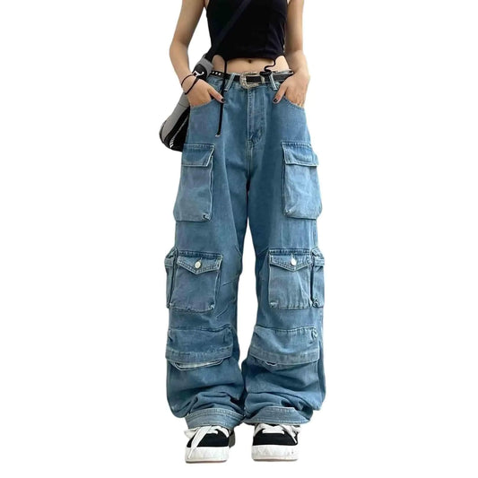 Womens Cargo Pants Y2K Clothing Multi-Pocket Relaxed Fit Jeans Grunge Clothes Alt Emo Hip Streetwear (BlueM)