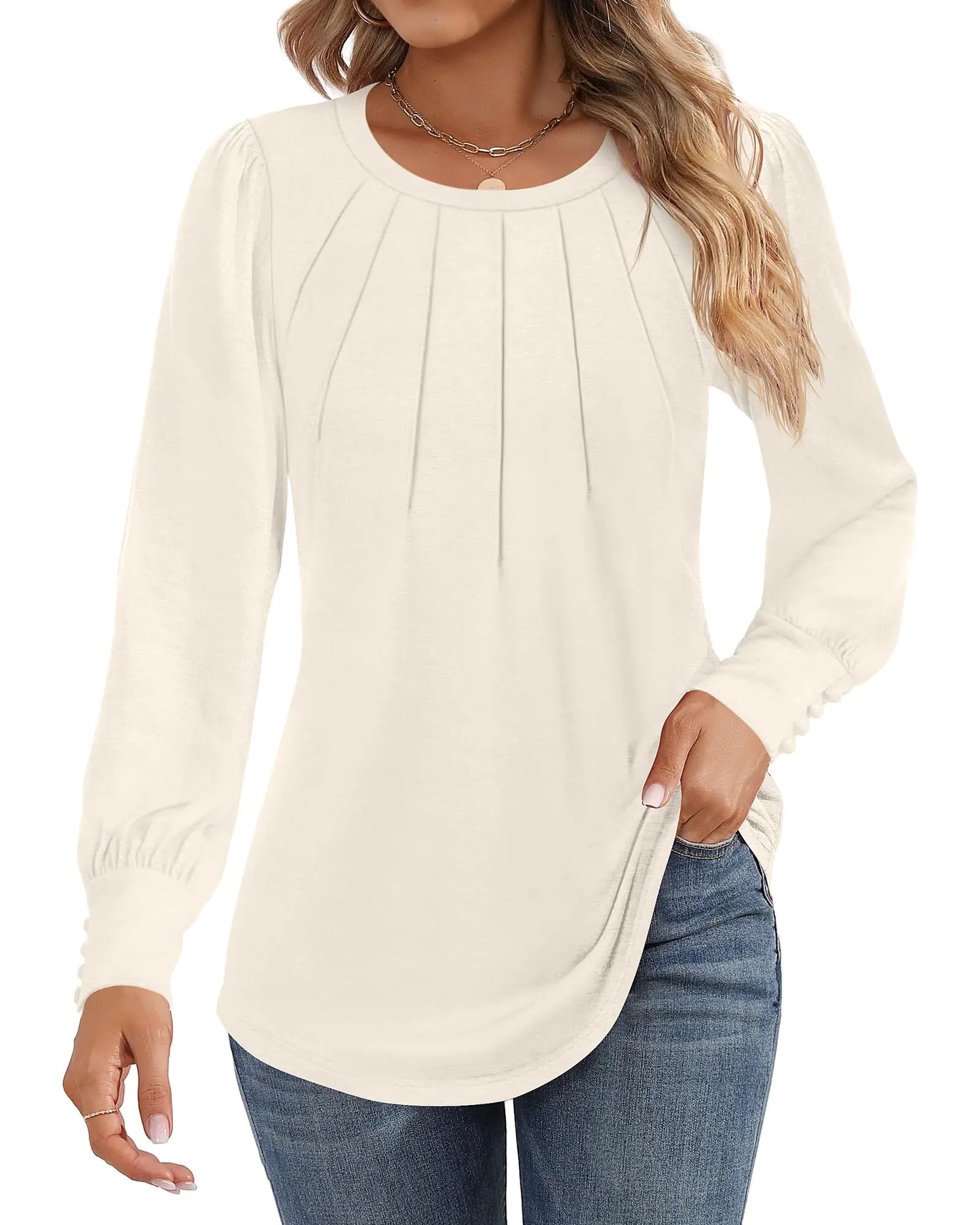 Ficerd Womens Puff Long Sleeve Tunic Tops Pleated Crew Neck Blouses Dressy Casual Shirts 2025 Trendy Clothing(CreamS)