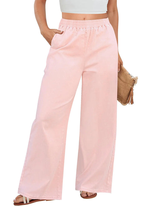 GRAPENT Womens Pull On Pants Chambray Pants Women Elastic Waist Wide Leg Pants for Women High Waisted Trousers Women Pink Pants Women Clothing Baby Pink Size Medium US Size 8 to Size 10